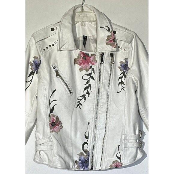 Faux Vegan Leather White Floral Embroidered Studded Zip Biker Moto Jacket - Picture 12 of 14